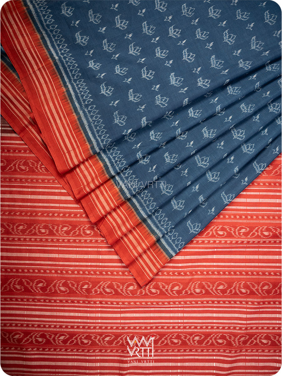 Indigo Blue Red Tea Leaf Natural Dyed Cotton Ikat Saree