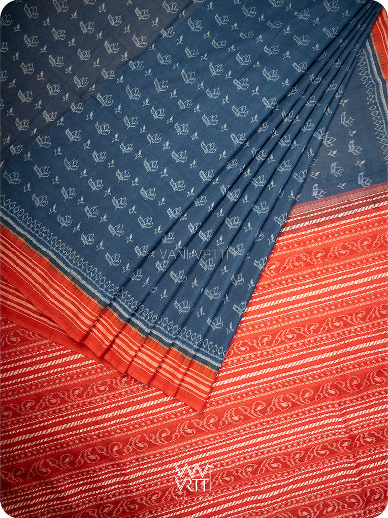 Indigo Blue Red Tea Leaf Natural Dyed Cotton Ikat Saree