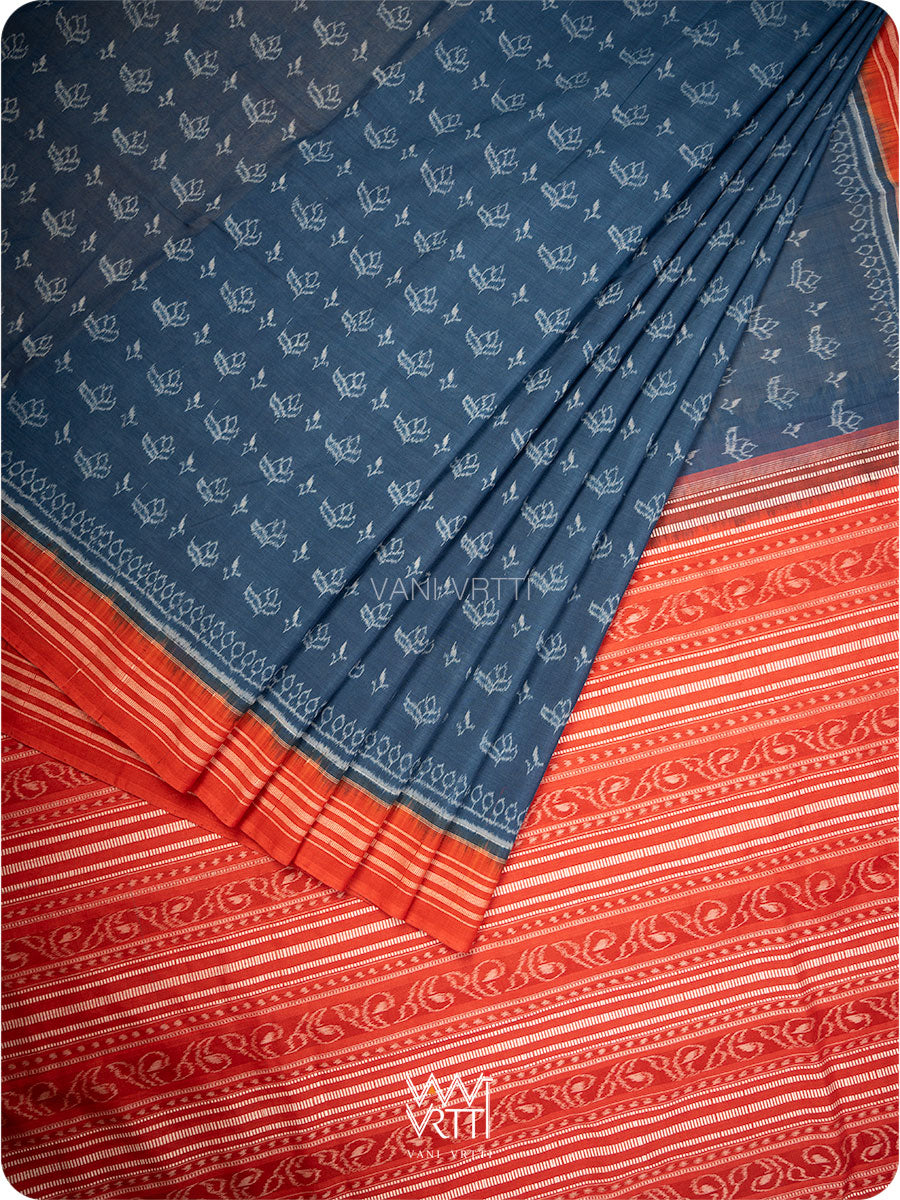 Indigo Blue Red Tea Leaf Natural Dyed Cotton Ikat Saree