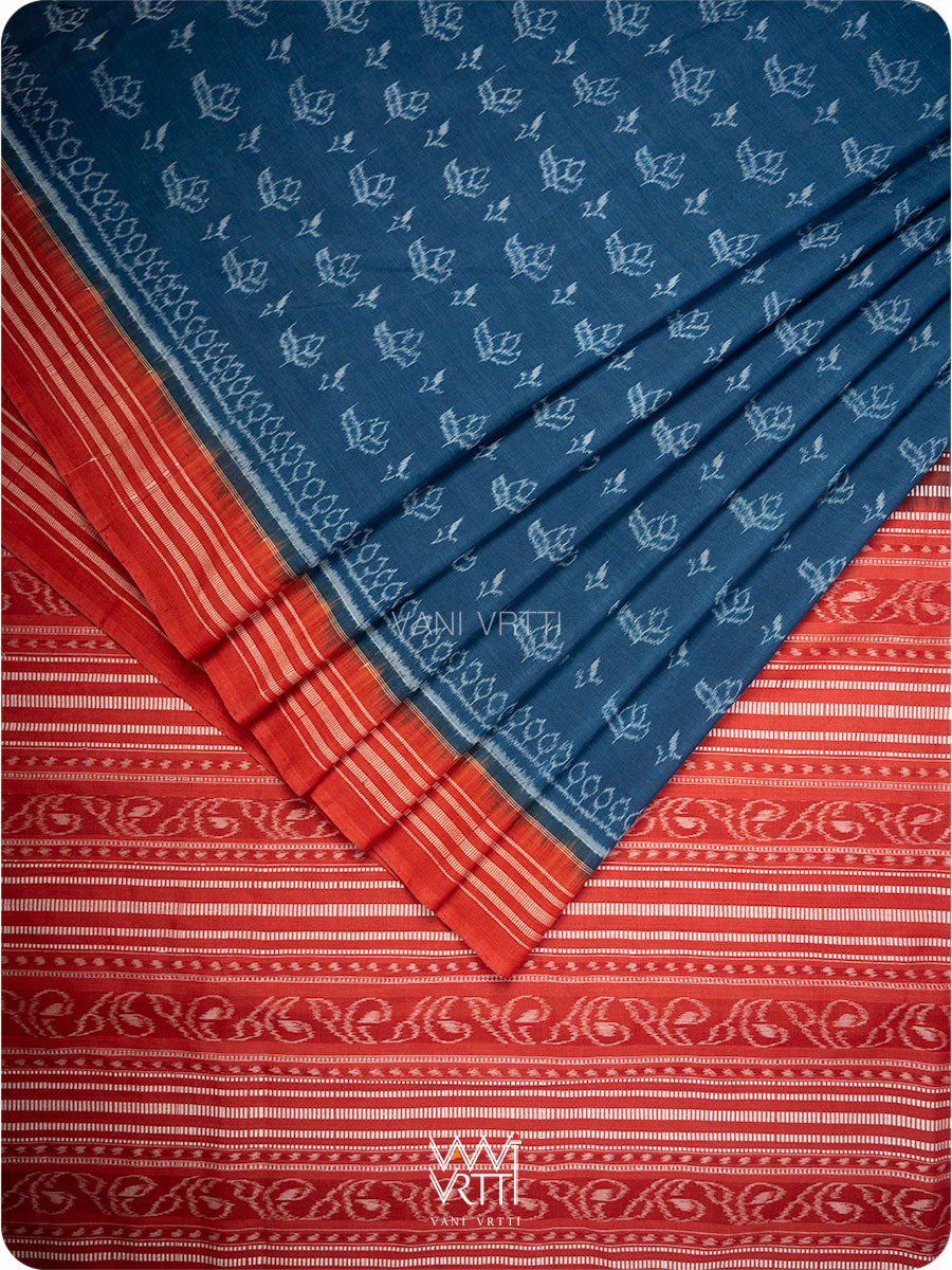 Indigo Blue Red Tea Leaf Natural Dyed Cotton Ikat Saree