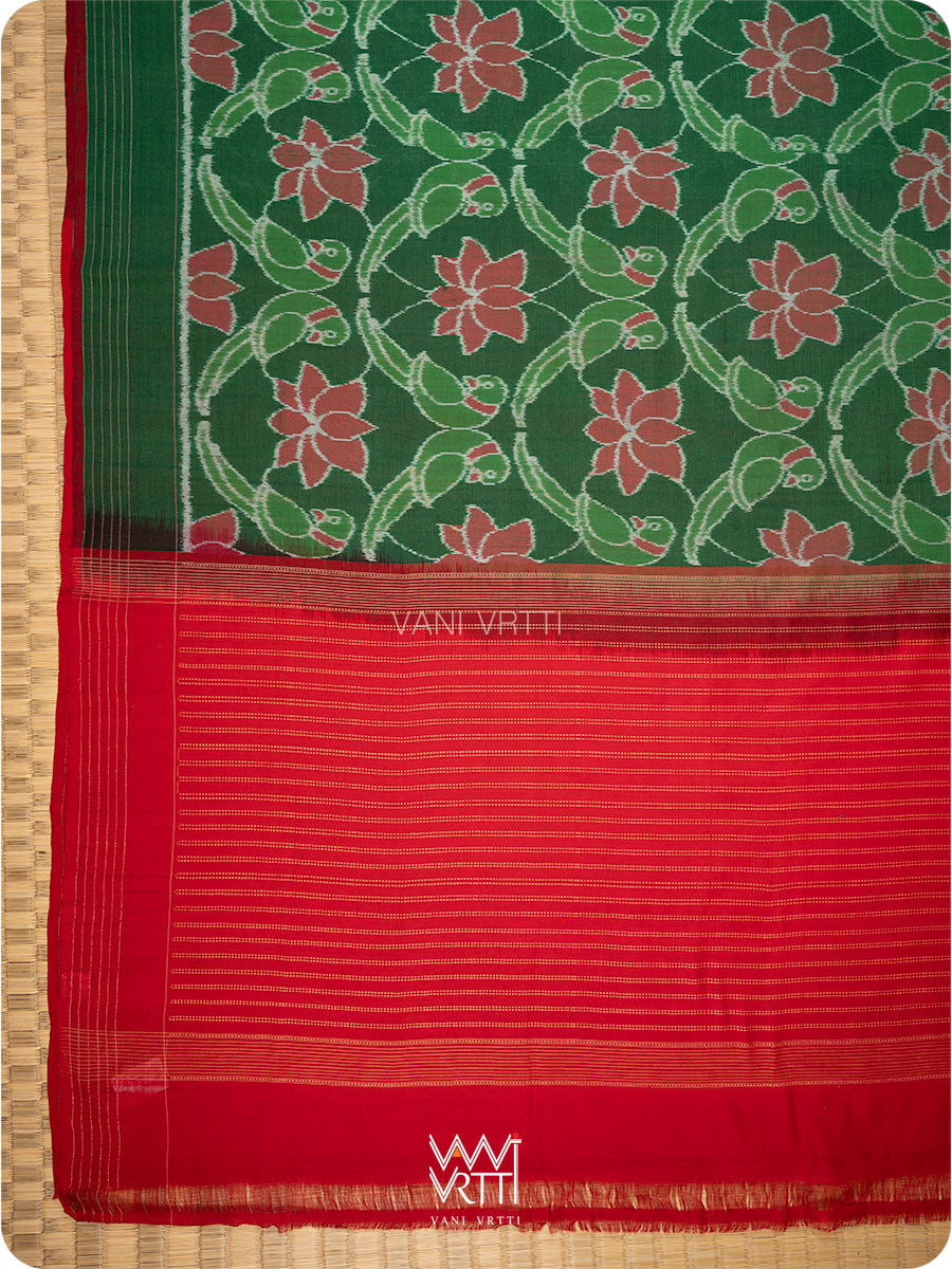 Fern Green Red Lotus Parrot Fine Cotton Ikat Saree