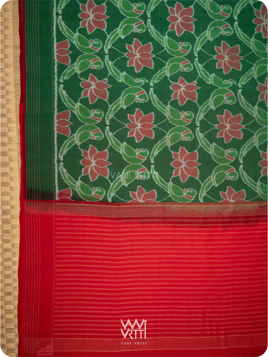 Fern Green Red Lotus Parrot Fine Cotton Ikat Saree