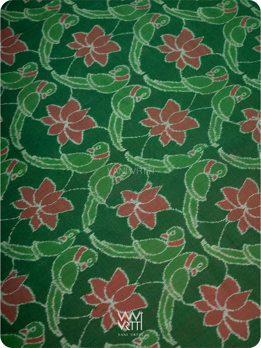 Fern Green Red Lotus Parrot Fine Cotton Ikat Saree