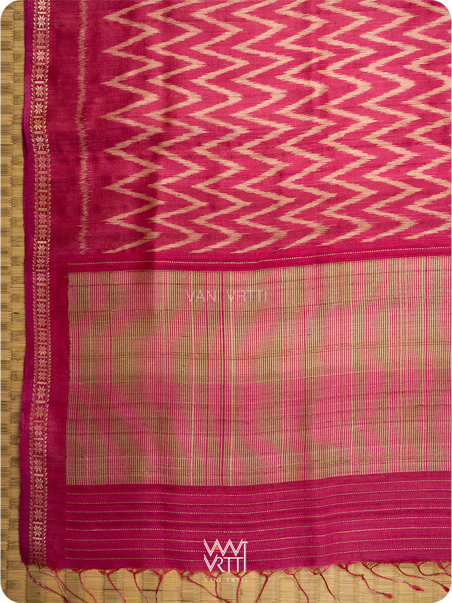 Magenta Pink Aziz Zig Zag Ikat Handspun Tussar Silk Saree