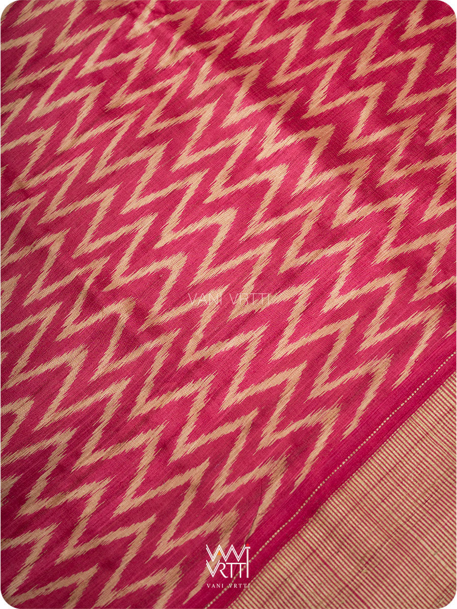 Magenta Pink Aziz Zig Zag Ikat Handspun Tussar Silk Saree