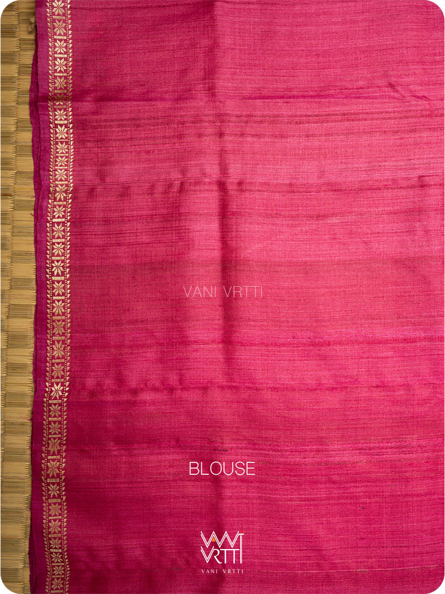 Magenta Pink Aziz Zig Zag Ikat Handspun Tussar Silk Saree