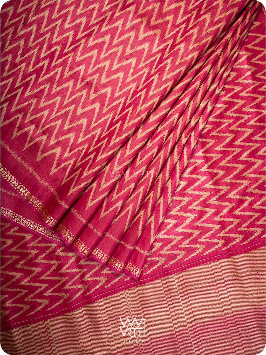 Magenta Pink Aziz Zig Zag Ikat Handspun Tussar Silk Saree