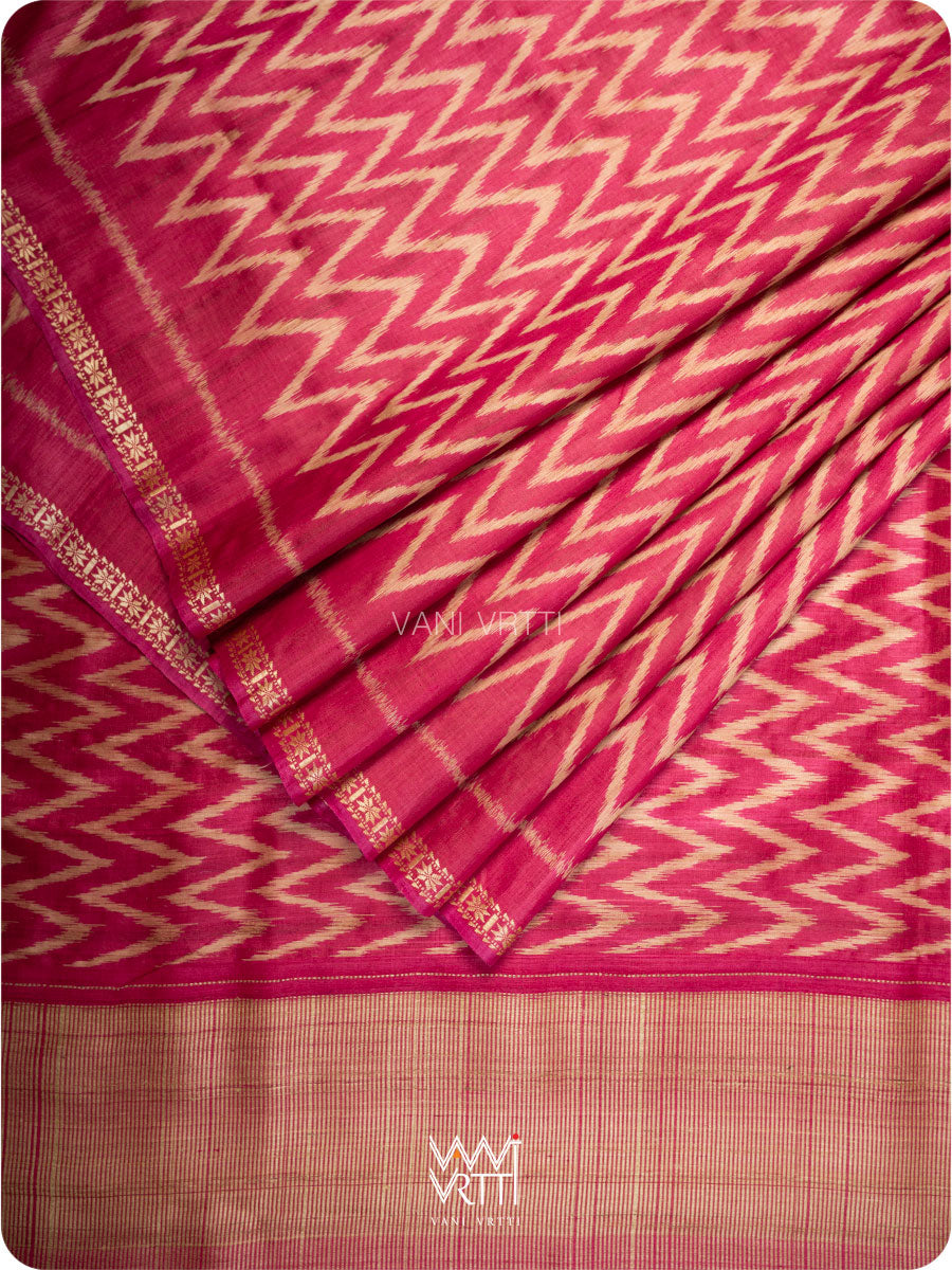 Magenta Pink Aziz Zig Zag Ikat Handspun Tussar Silk Saree