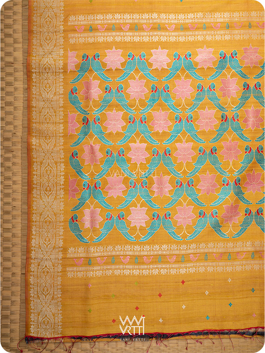Mustard Yellow Lotus Parrot Jaal Designer Exclusive Handspun Handwoven Tussar Silk Saree