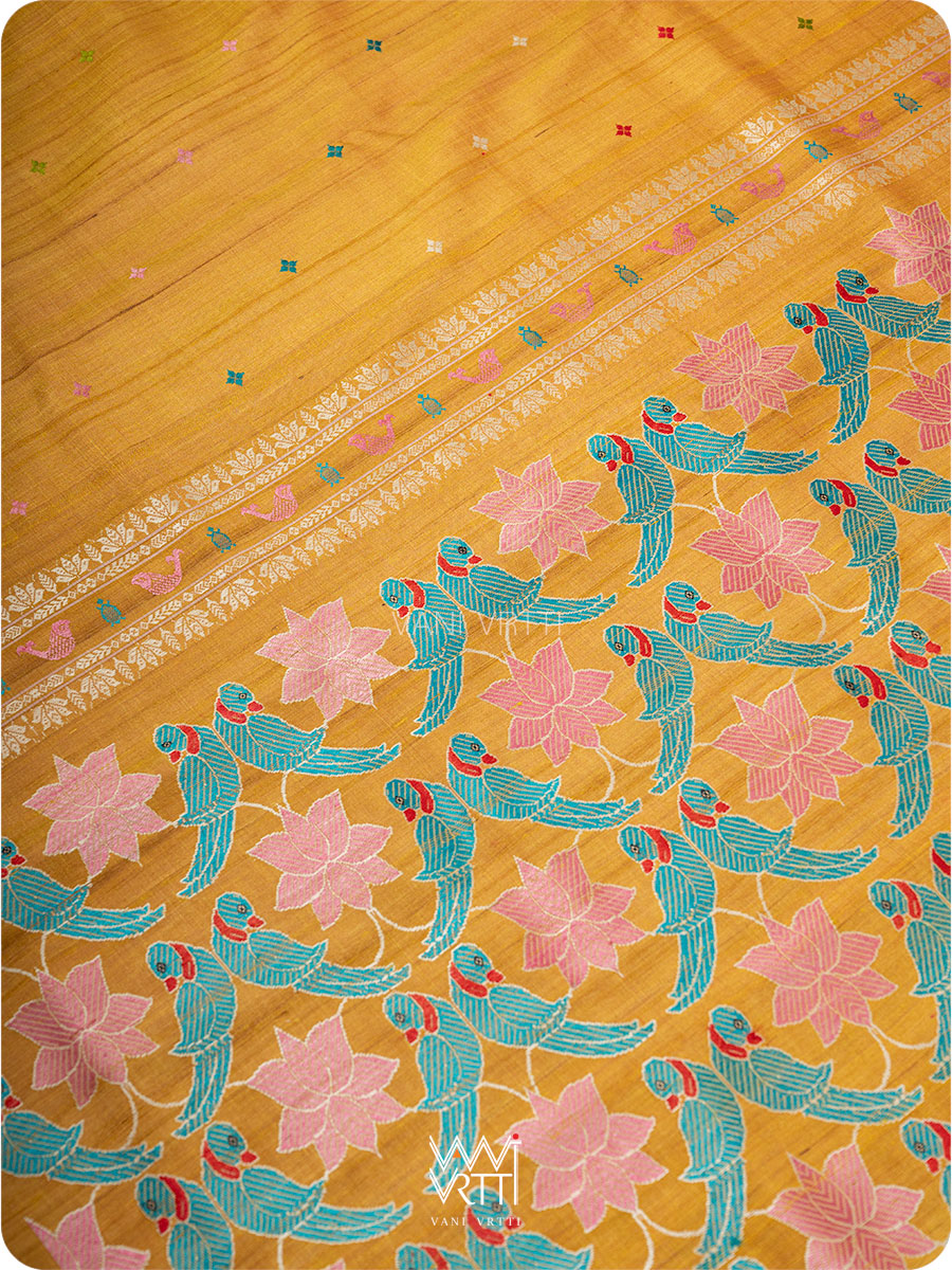 Mustard Yellow Lotus Parrot Jaal Designer Exclusive Handspun Handwoven Tussar Silk Saree