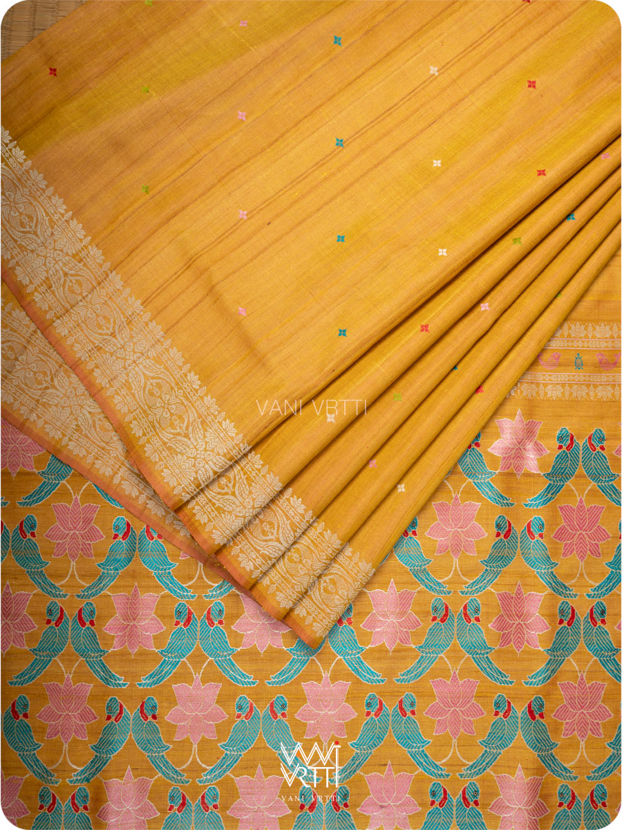 Mustard Yellow Lotus Parrot Jaal Designer Exclusive Handspun Handwoven Tussar Silk Saree