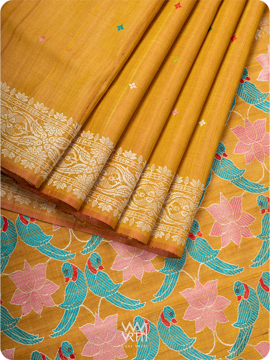 Mustard Yellow Lotus Parrot Jaal Designer Exclusive Handspun Handwoven Tussar Silk Saree