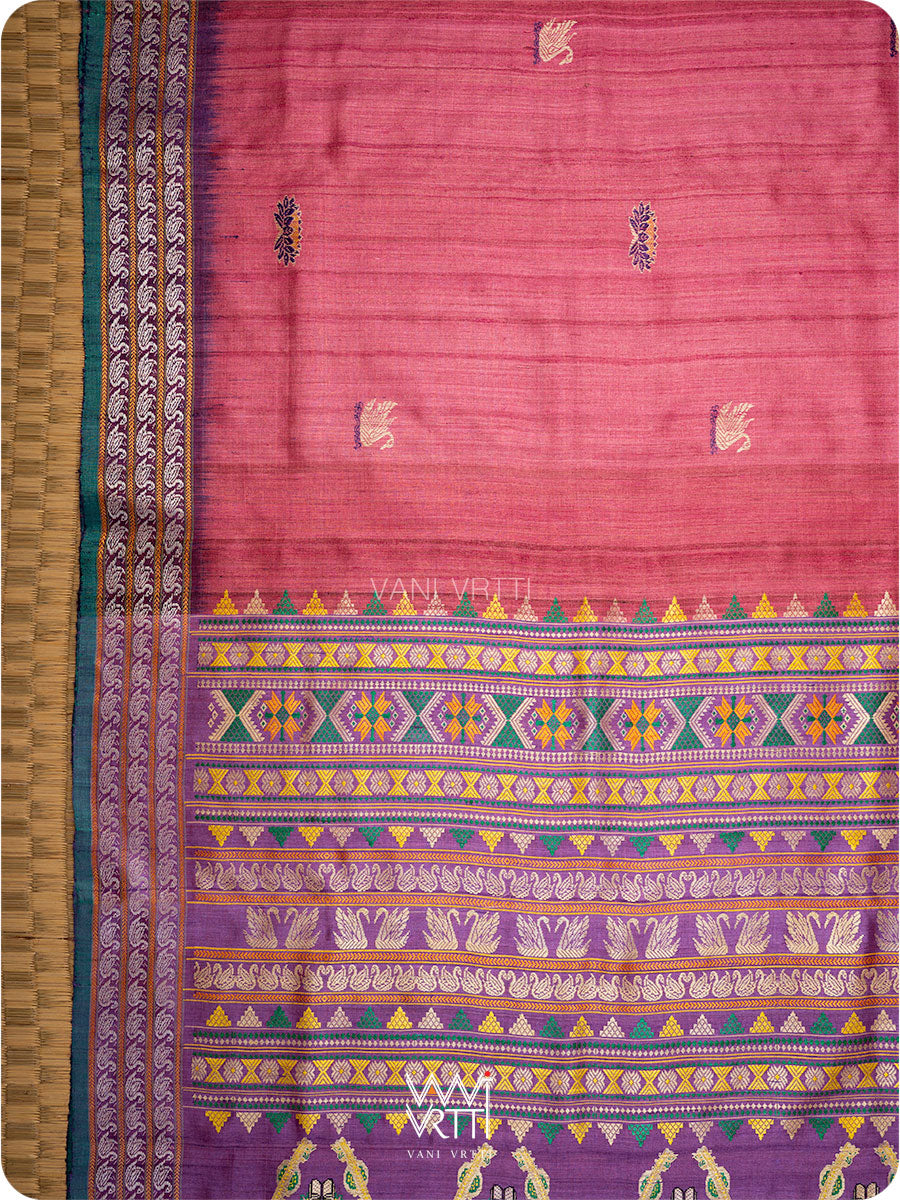 Old Rose Pink Purple Veena Pani Lata Master Weave Exclusive Handspun Tussar Silk Saree