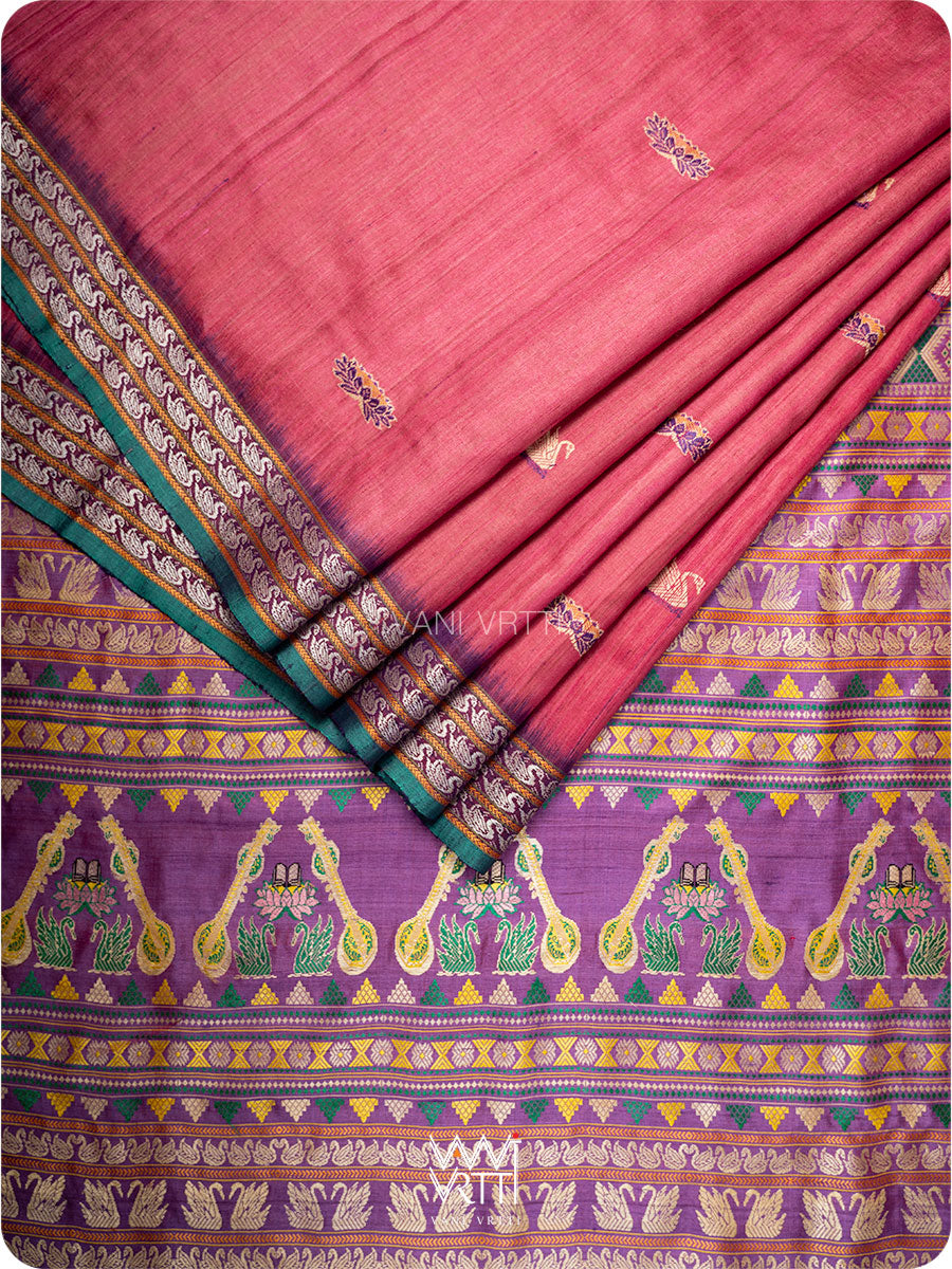 Old Rose Pink Purple Veena Pani Lata Master Weave Exclusive Handspun Tussar Silk Saree