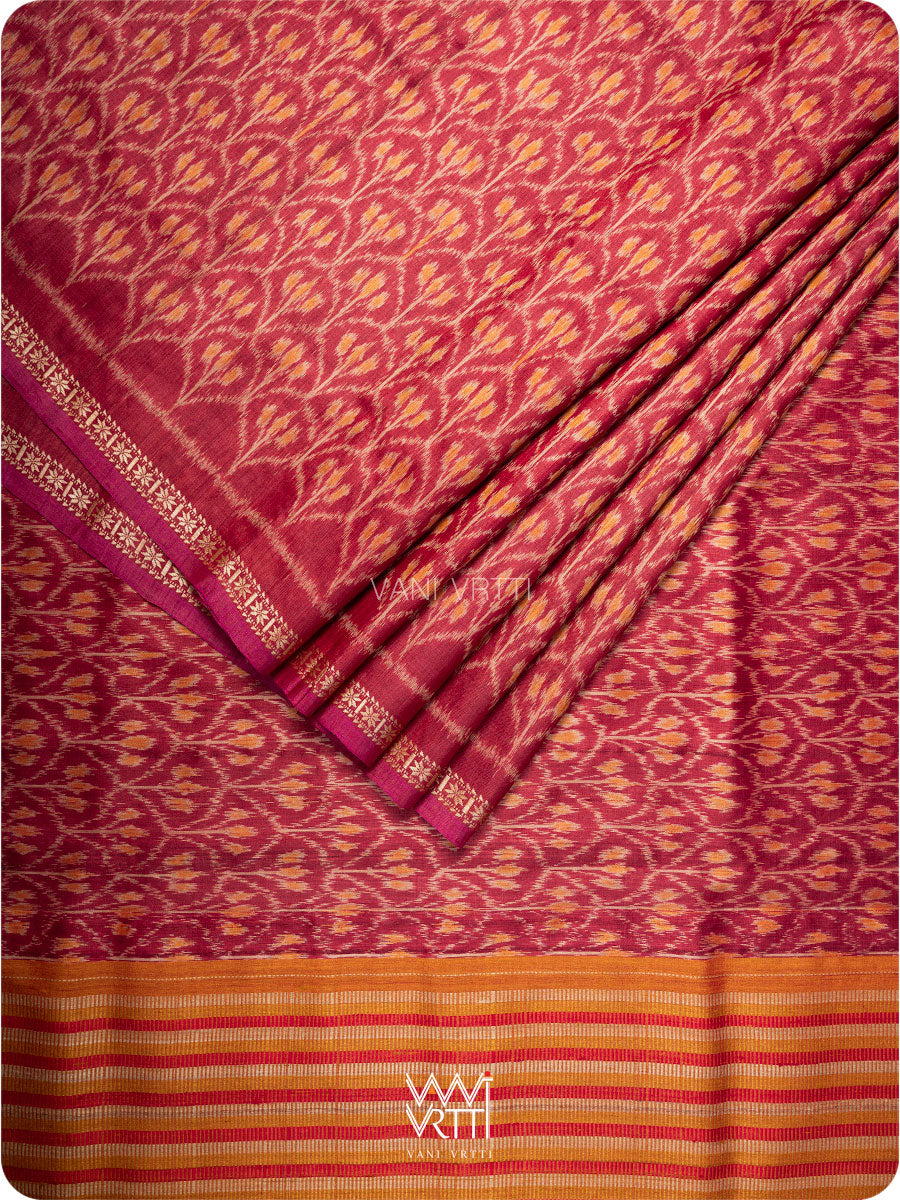 Red Iris Ikat Handspun Tussar Silk Saree