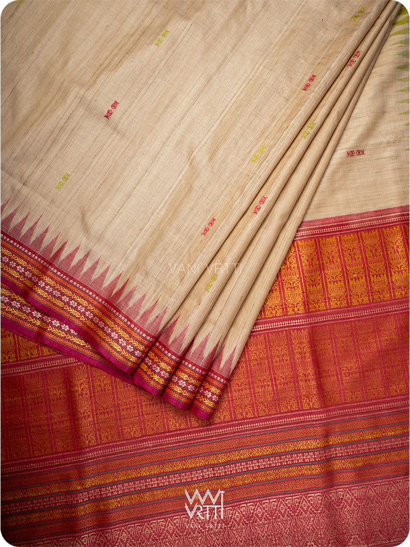 Off White Banana Green Red Ananta Handspun Tussar Silk Saree
