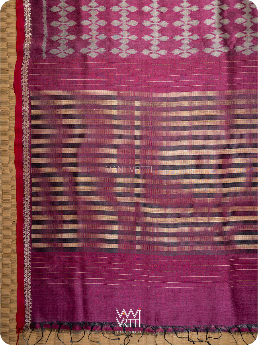 Wine Pink Clover Leaf Ikat Handspun Tussar Saree