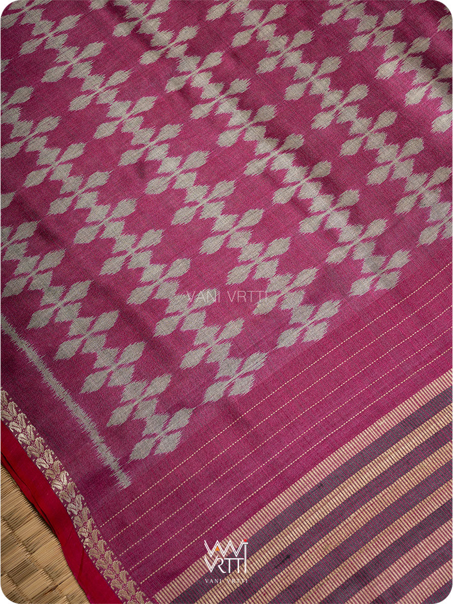Wine Pink Clover Leaf Ikat Handspun Tussar Saree