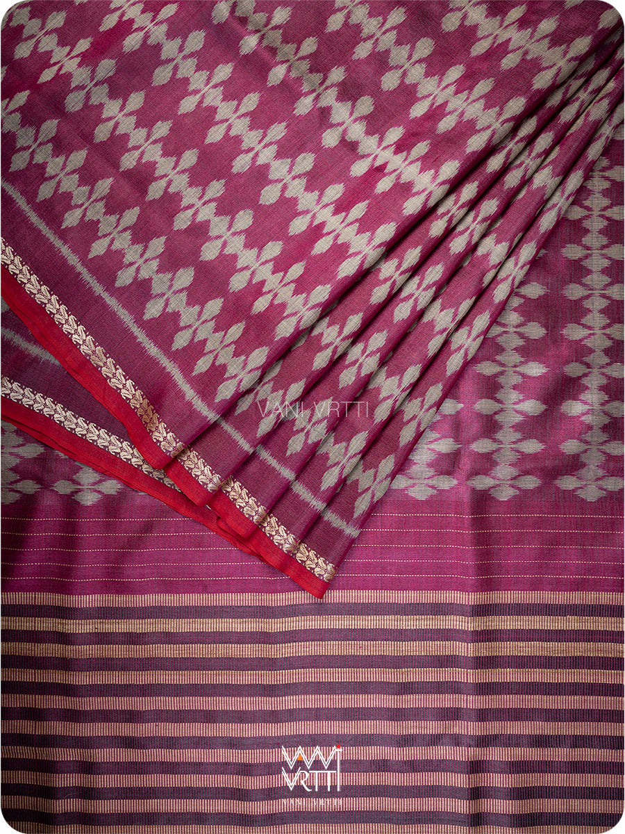 Wine Pink Clover Leaf Ikat Handspun Tussar Saree