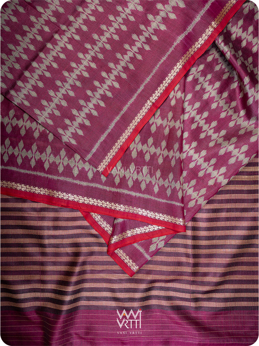 Wine Pink Clover Leaf Ikat Handspun Tussar Saree