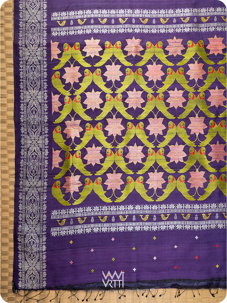 Deep Baingani Lotus Parrot Jaal Designer Exclusive Handspun Handwoven Tussar Silk Saree
