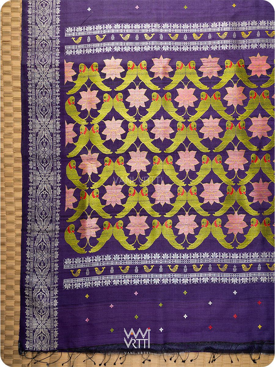 Deep Baingani Lotus Parrot Jaal Designer Exclusive Handspun Handwoven Tussar Silk Saree