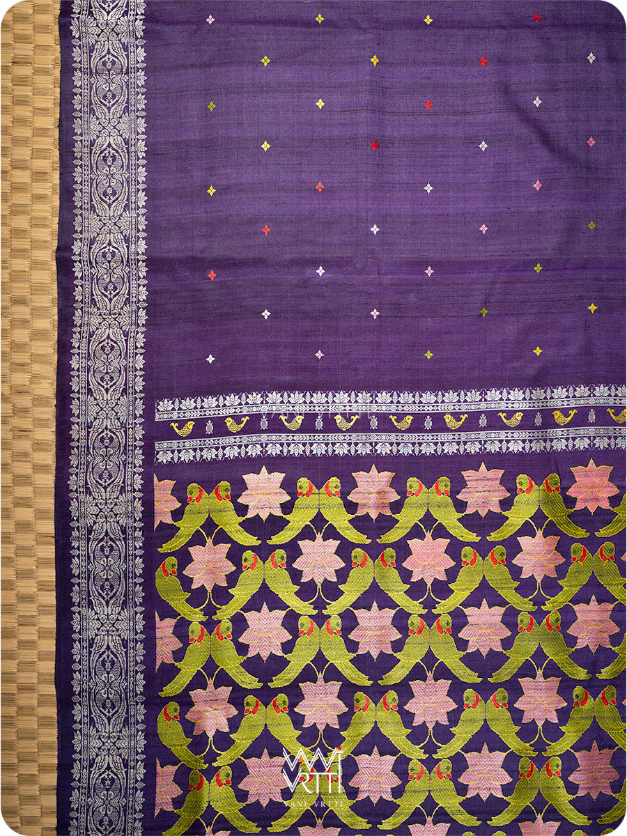 Deep Baingani Lotus Parrot Jaal Designer Exclusive Handspun Handwoven Tussar Silk Saree