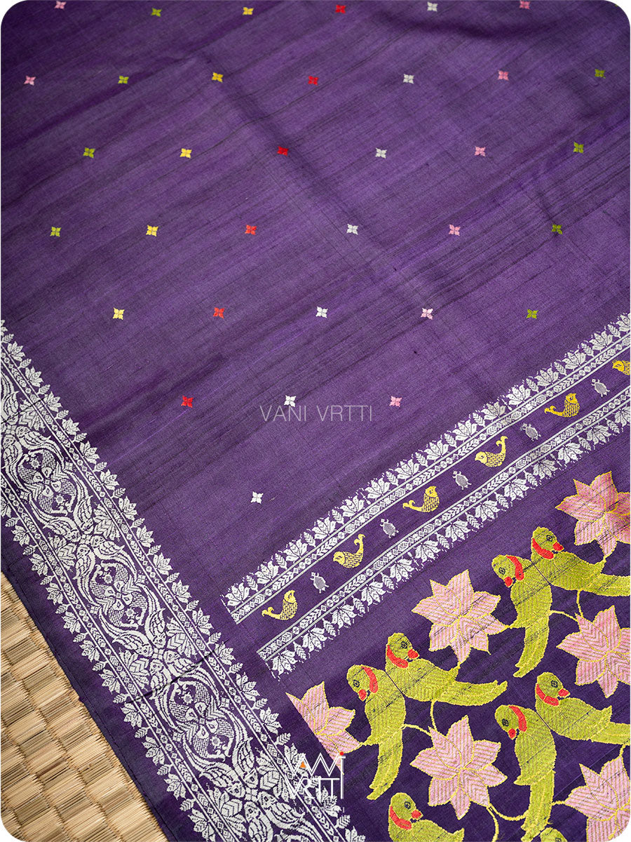 Deep Baingani Lotus Parrot Jaal Designer Exclusive Handspun Handwoven Tussar Silk Saree