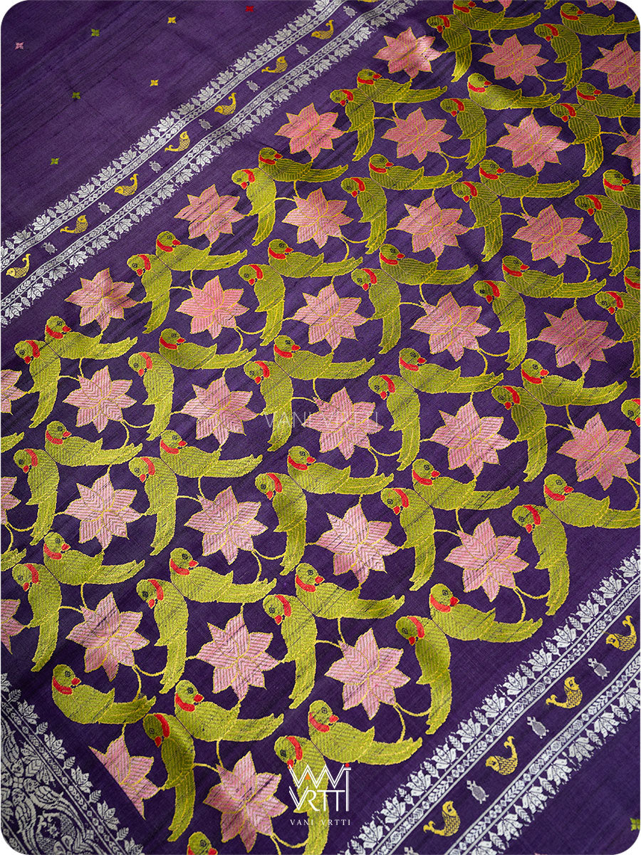 Deep Baingani Lotus Parrot Jaal Designer Exclusive Handspun Handwoven Tussar Silk Saree