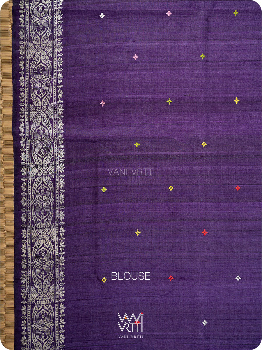 Deep Baingani Lotus Parrot Jaal Designer Exclusive Handspun Handwoven Tussar Silk Saree