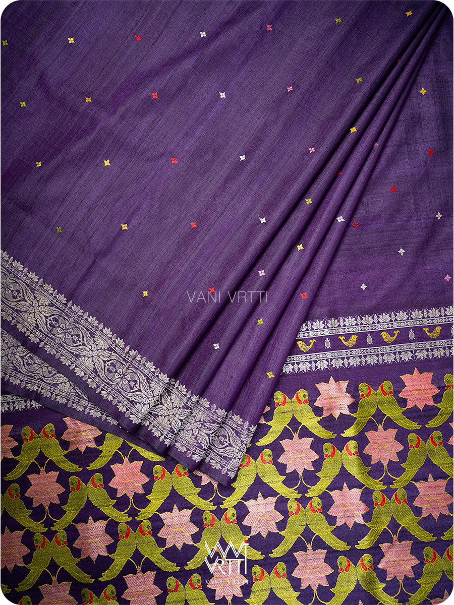 Deep Baingani Lotus Parrot Jaal Designer Exclusive Handspun Handwoven Tussar Silk Saree