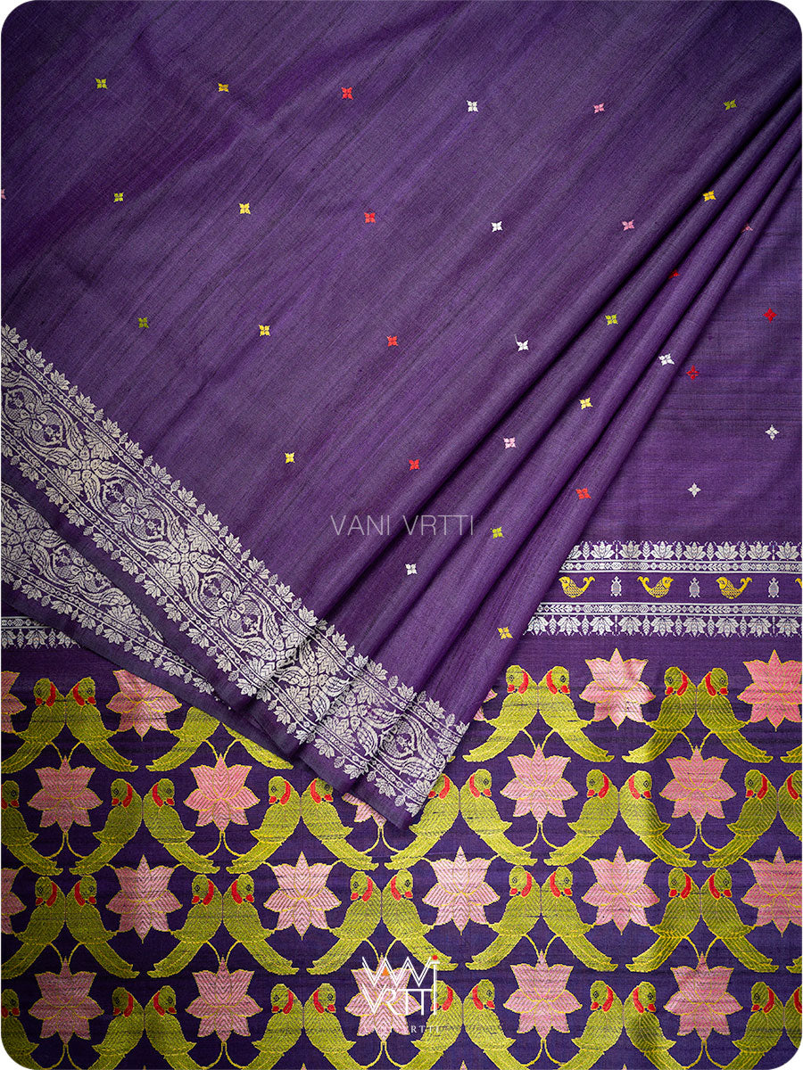 Deep Baingani Lotus Parrot Jaal Designer Exclusive Handspun Handwoven Tussar Silk Saree