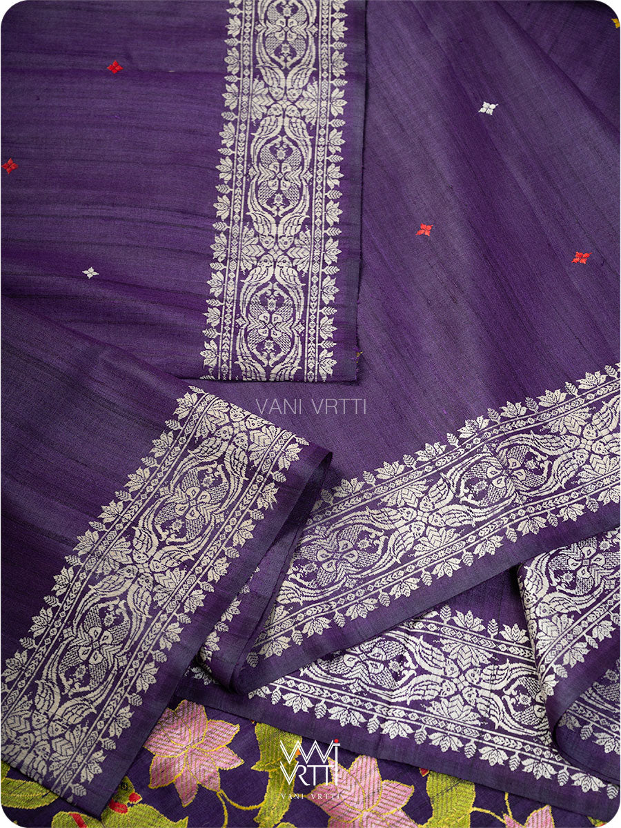 Deep Baingani Lotus Parrot Jaal Designer Exclusive Handspun Handwoven Tussar Silk Saree