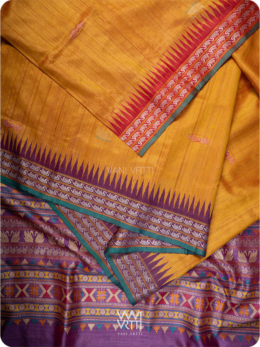 Mango Yellow Red Purple Ganga Jamuna Veena Pani Lata Master Weave Exclusive Handspun Tussar Silk Saree
