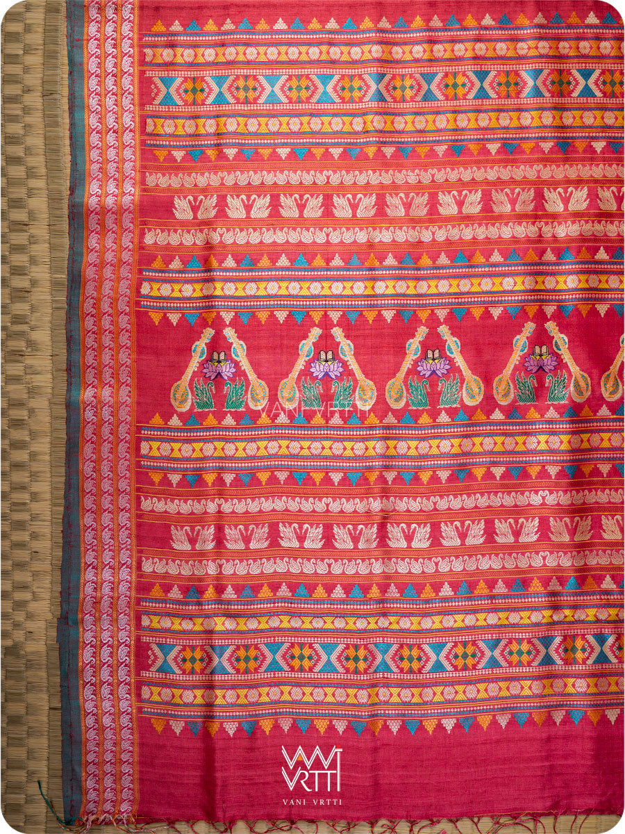 Red Veena Pani Lata Master Weave Exclusive Handspun Tussar Silk Saree