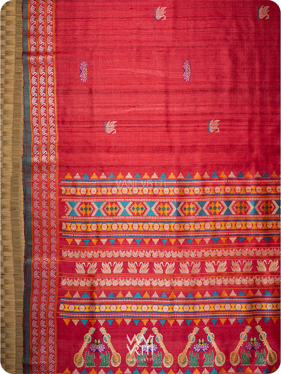 Red Veena Pani Lata Master Weave Exclusive Handspun Tussar Silk Saree