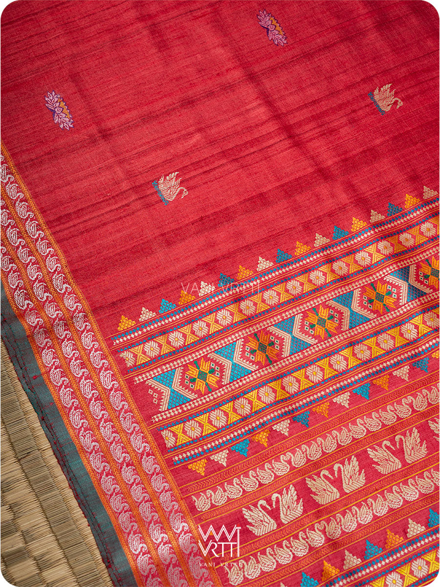 Red Veena Pani Lata Master Weave Exclusive Handspun Tussar Silk Saree