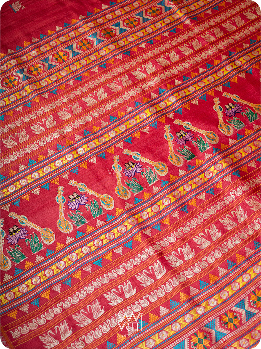 Red Veena Pani Lata Master Weave Exclusive Handspun Tussar Silk Saree
