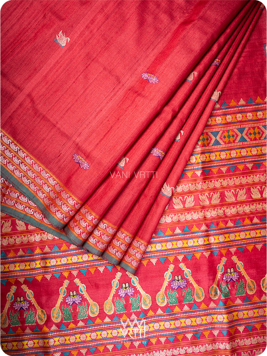 Red Veena Pani Lata Master Weave Exclusive Handspun Tussar Silk Saree