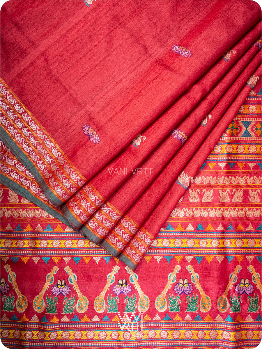 Red Veena Pani Lata Master Weave Exclusive Handspun Tussar Silk Saree
