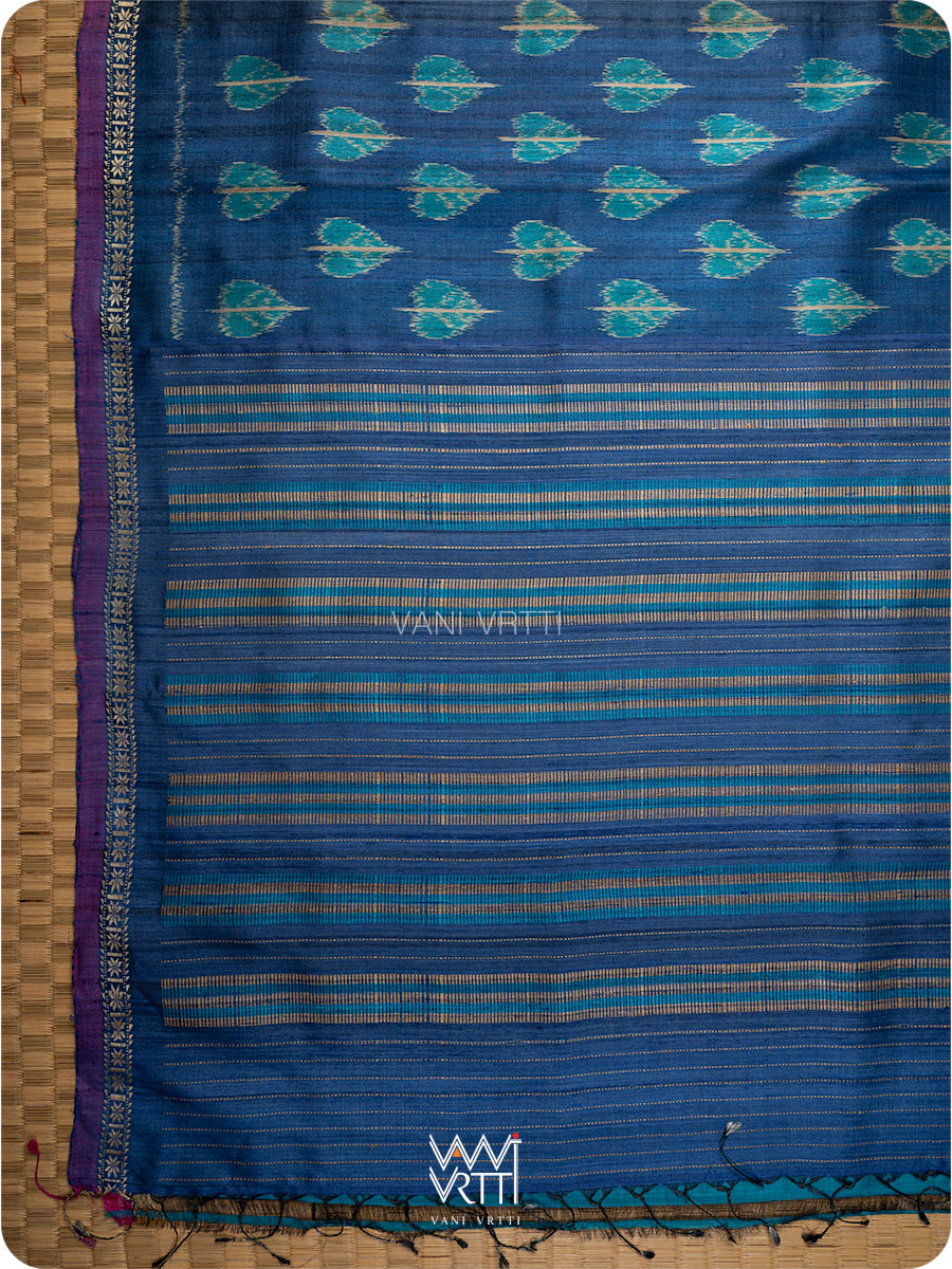 Royal Blue Peepal Ikat Handspun Tussar Silk Saree