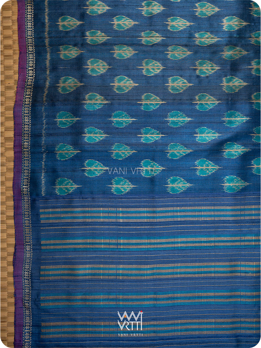 Royal Blue Peepal Ikat Handspun Tussar Silk Saree