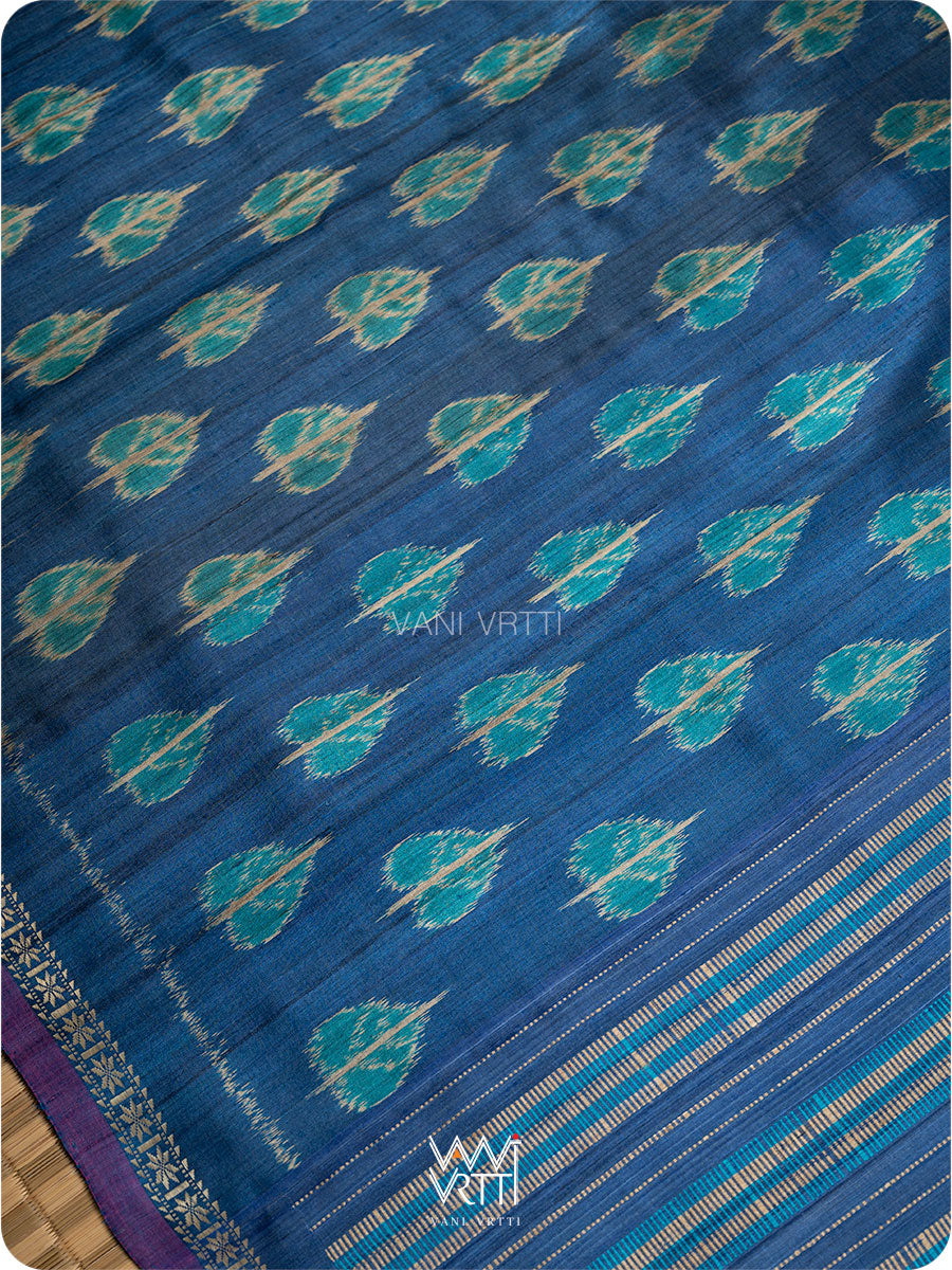 Royal Blue Peepal Ikat Handspun Tussar Silk Saree