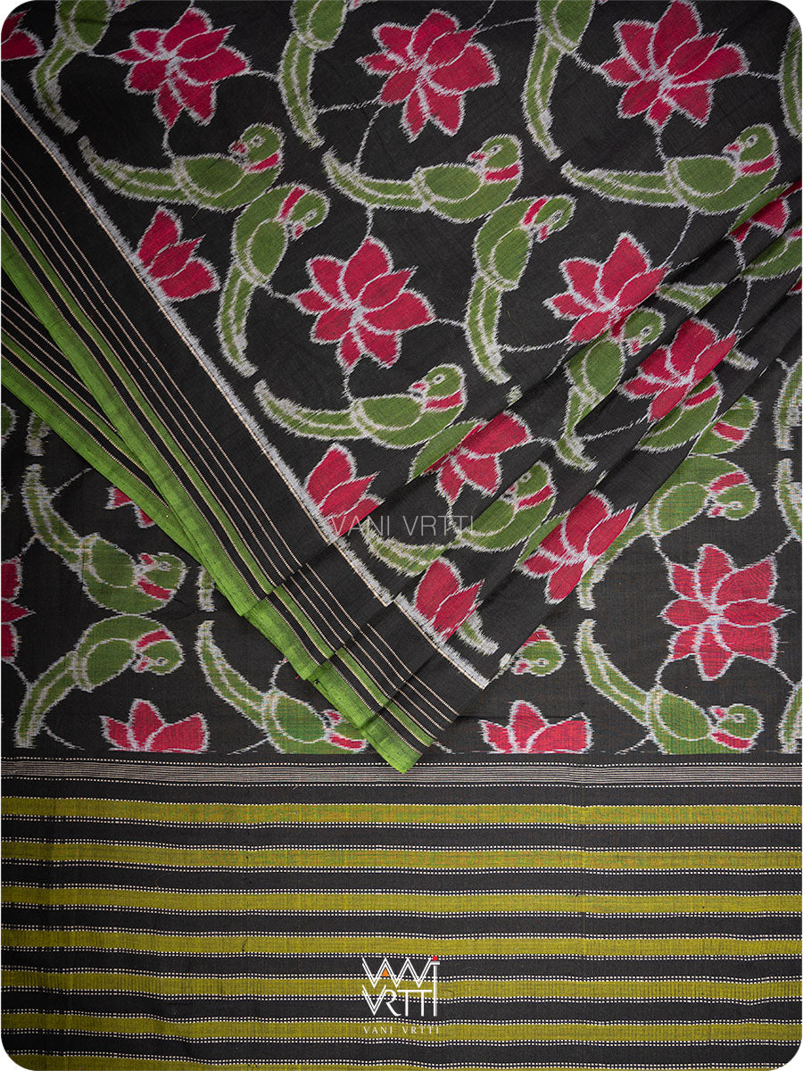 Black Lotus Parrot Fine Cotton Ikat Saree
