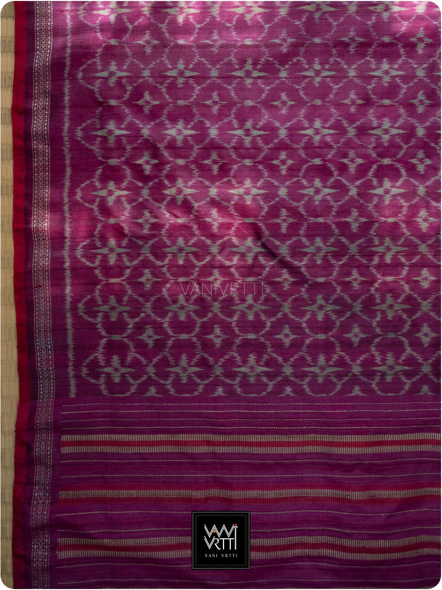 Deep Pink Chrysanthemum Master Weave Designer Handspun Ikat Tussar Silk Saree