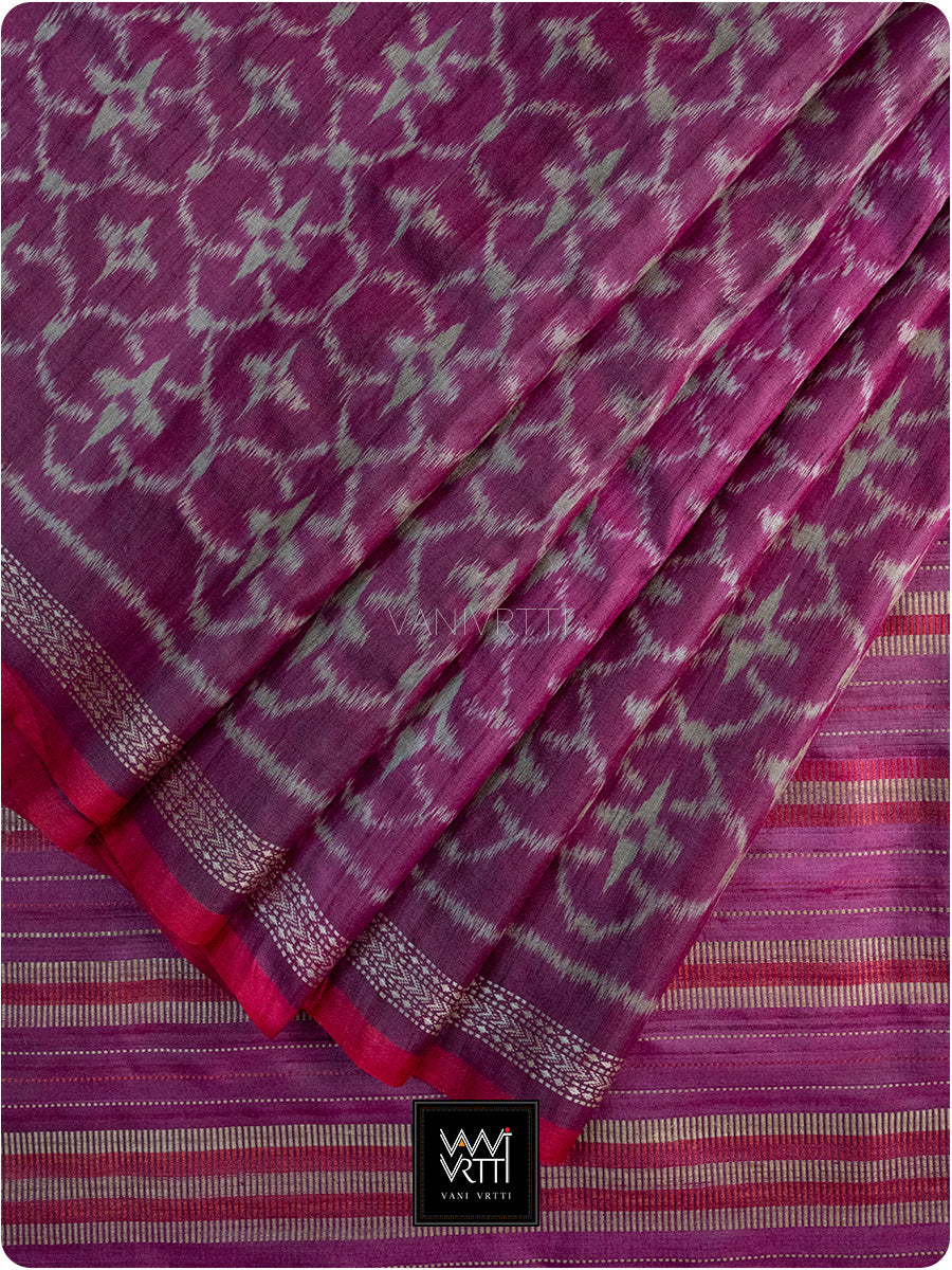 Deep Pink Chrysanthemum Master Weave Designer Handspun Ikat Tussar Silk Saree