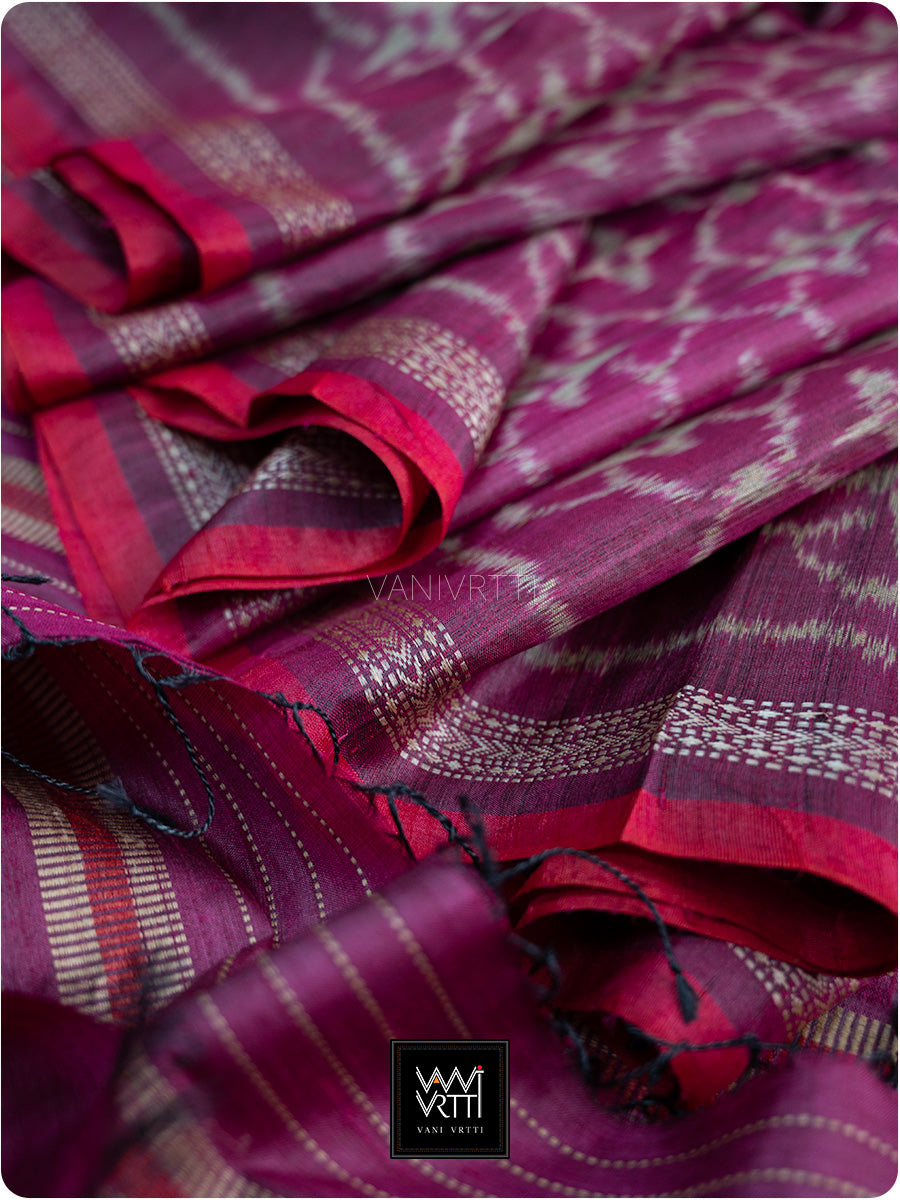 Deep Pink Chrysanthemum Master Weave Designer Handspun Ikat Tussar Silk Saree