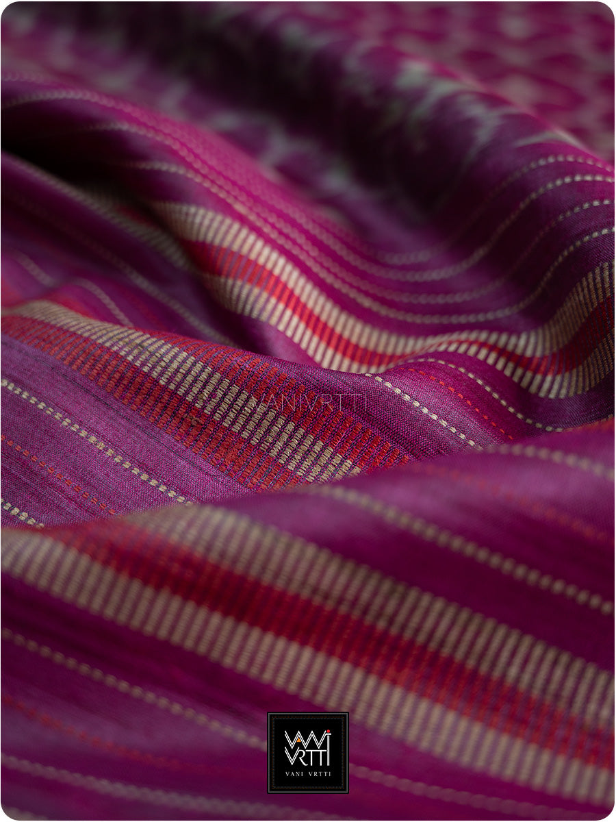Deep Pink Chrysanthemum Master Weave Designer Handspun Ikat Tussar Silk Saree