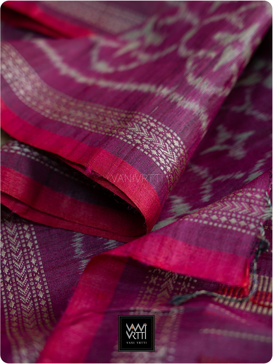 Deep Pink Chrysanthemum Master Weave Designer Handspun Ikat Tussar Silk Saree