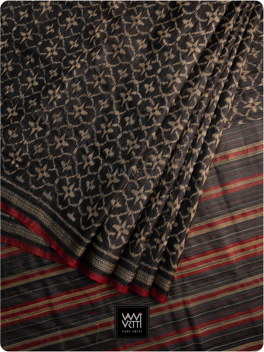 Black Red Chrysanthemum Master Weave Designer Handspun Ikat Tussar Silk Saree